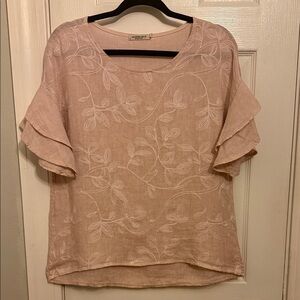 Elegant Floral Soft Pink Blouse 100% Linen #94